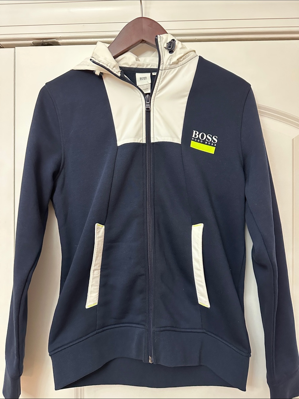 Boss Navy Hoodie with Cream Panels and Neon Yellow Accent
